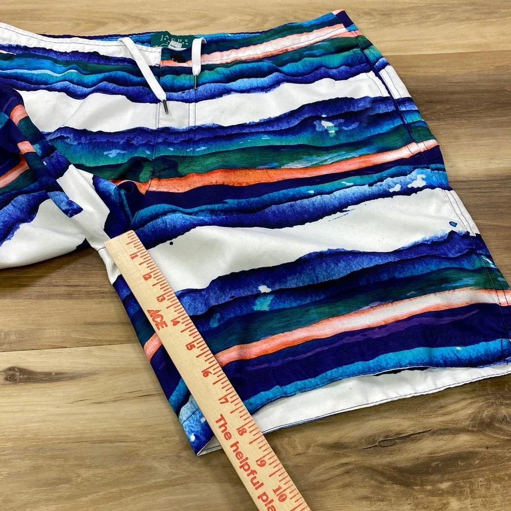 Jachs NY Swim Trunks Mens L Watercolor Stripe Board Shorts Mesh Lined Blue Multi